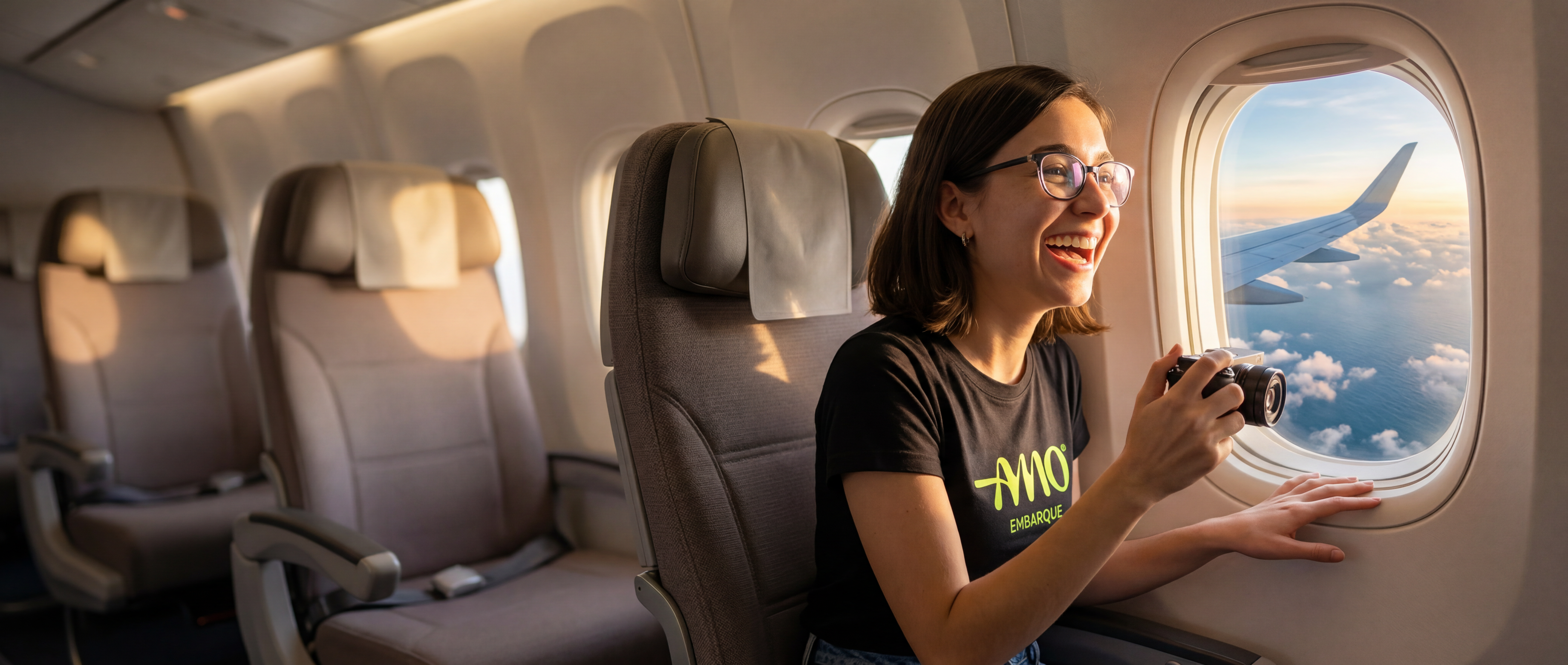 Viajante AMO Embarque feliz no avião